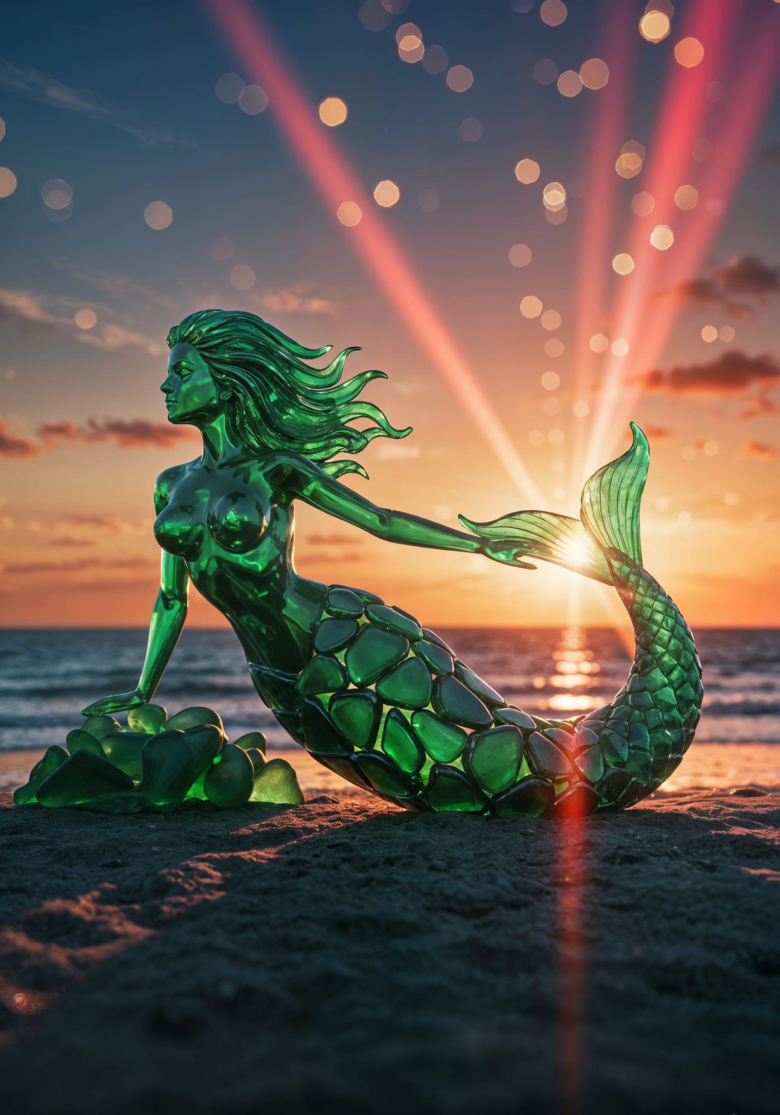 Emerald Glass Mermaid Sculpture at Sunset