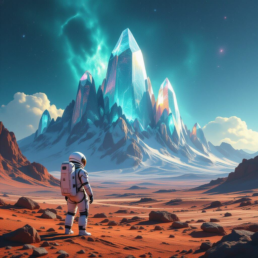 Astronaut Gazes at Crystalline Mountains on Alien Planet