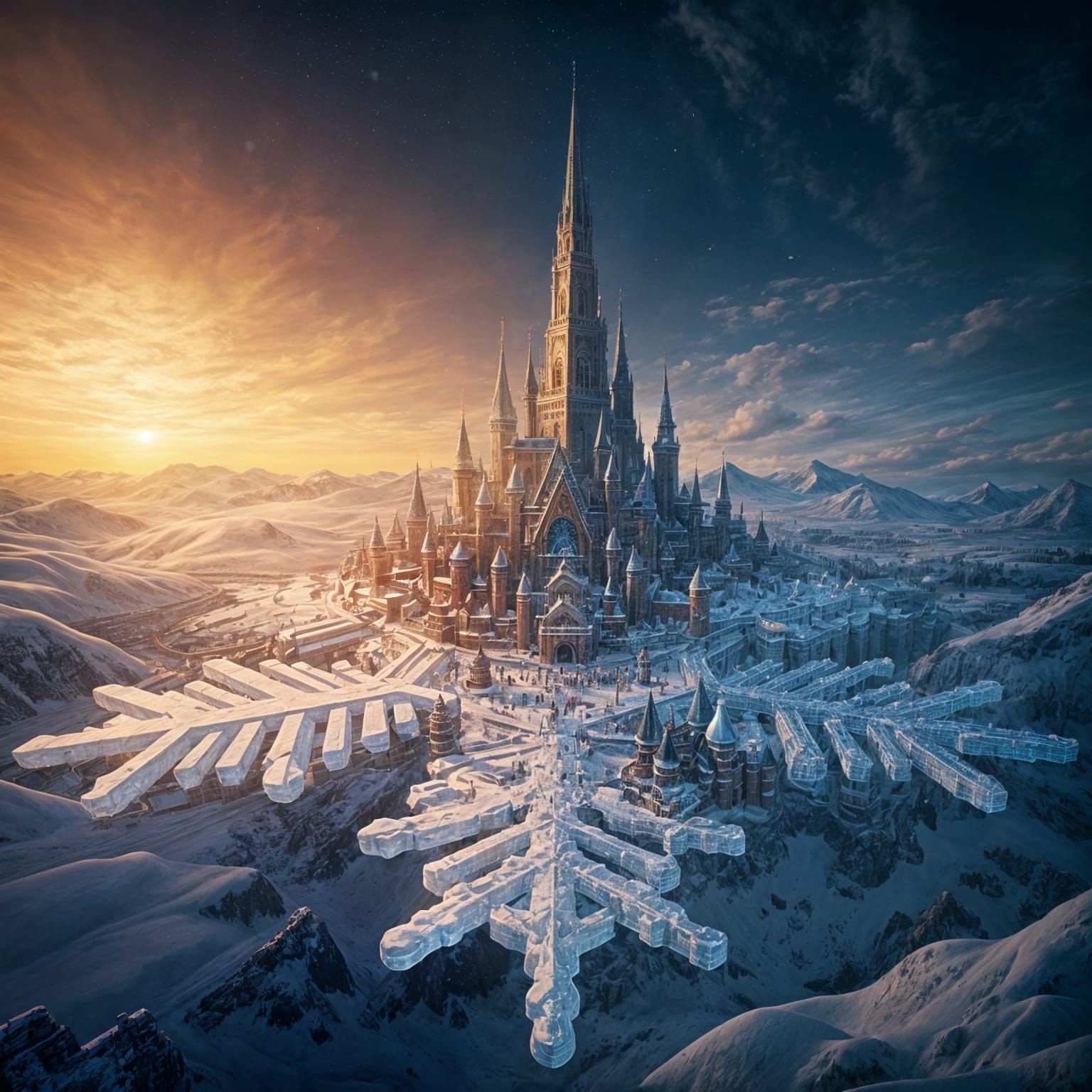Snow City on a Transparent Snowflake in Hyperrealistic Style