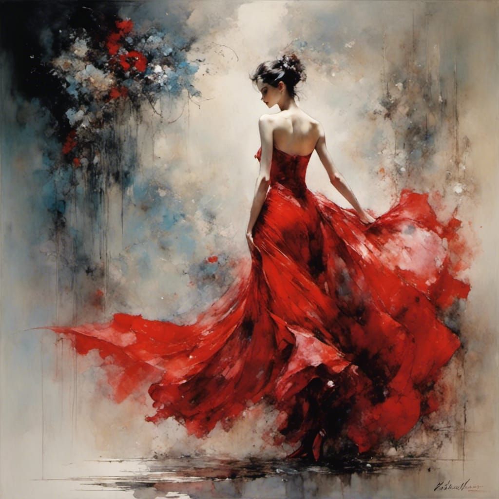 Ethereal Woman in Scarlet Dress: Pérez-Inspired Art