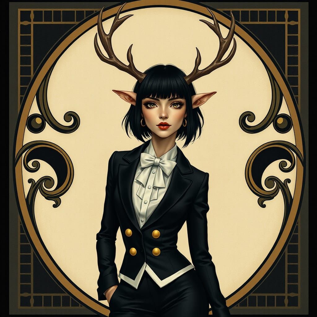 Tiefling with Antlers in Art Nouveau Style