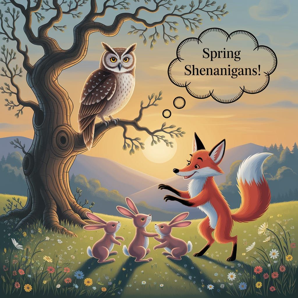 Whimsical Owl and Fox in Arthur Rackham Style