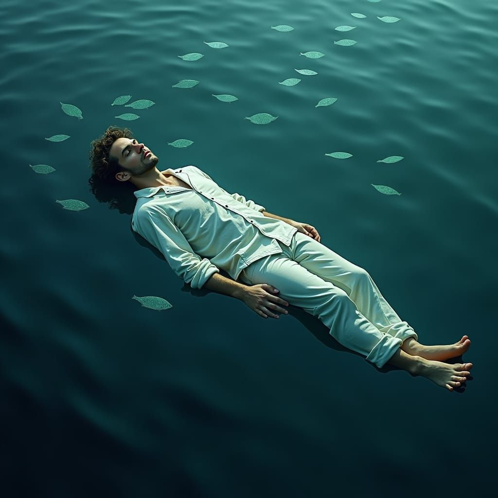 Man Sinking into Deep Sea as Impressionistic Art