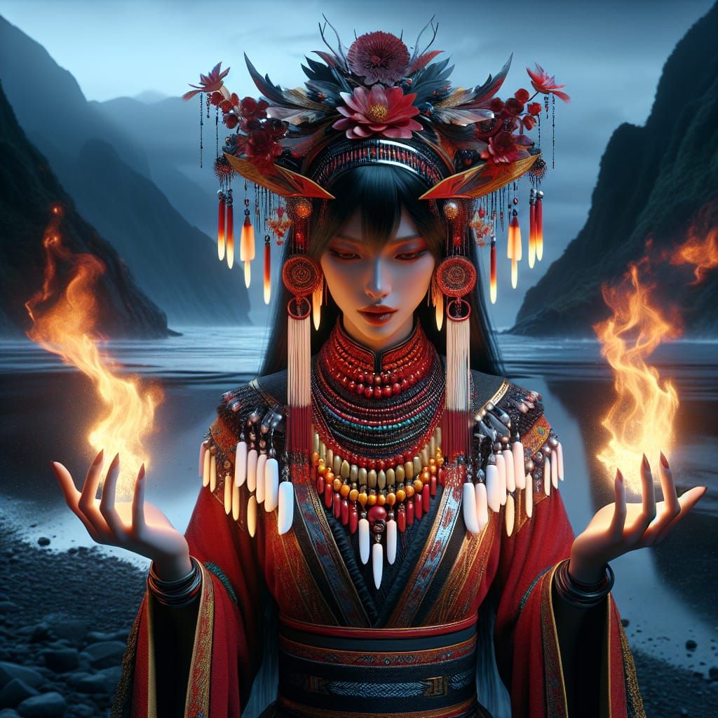 Sakizaya Fire Goddess in Majestic Taiwanese Landscape