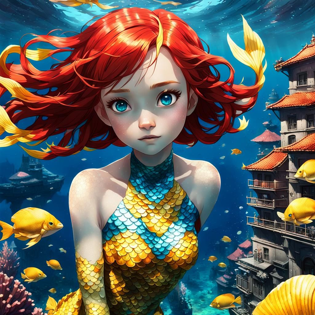 Anime Mermaid Swimming in Sunken City