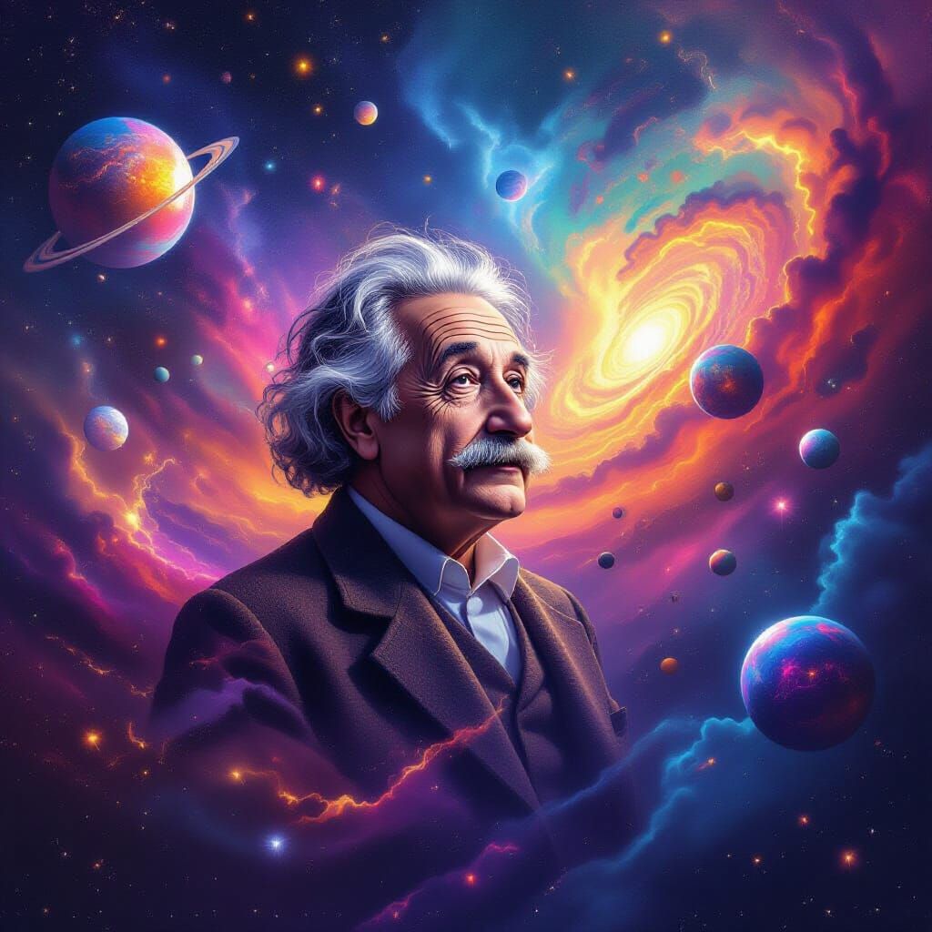Albert Einstein in Vibrant Cosmic World, Sci-Fi Concept Art