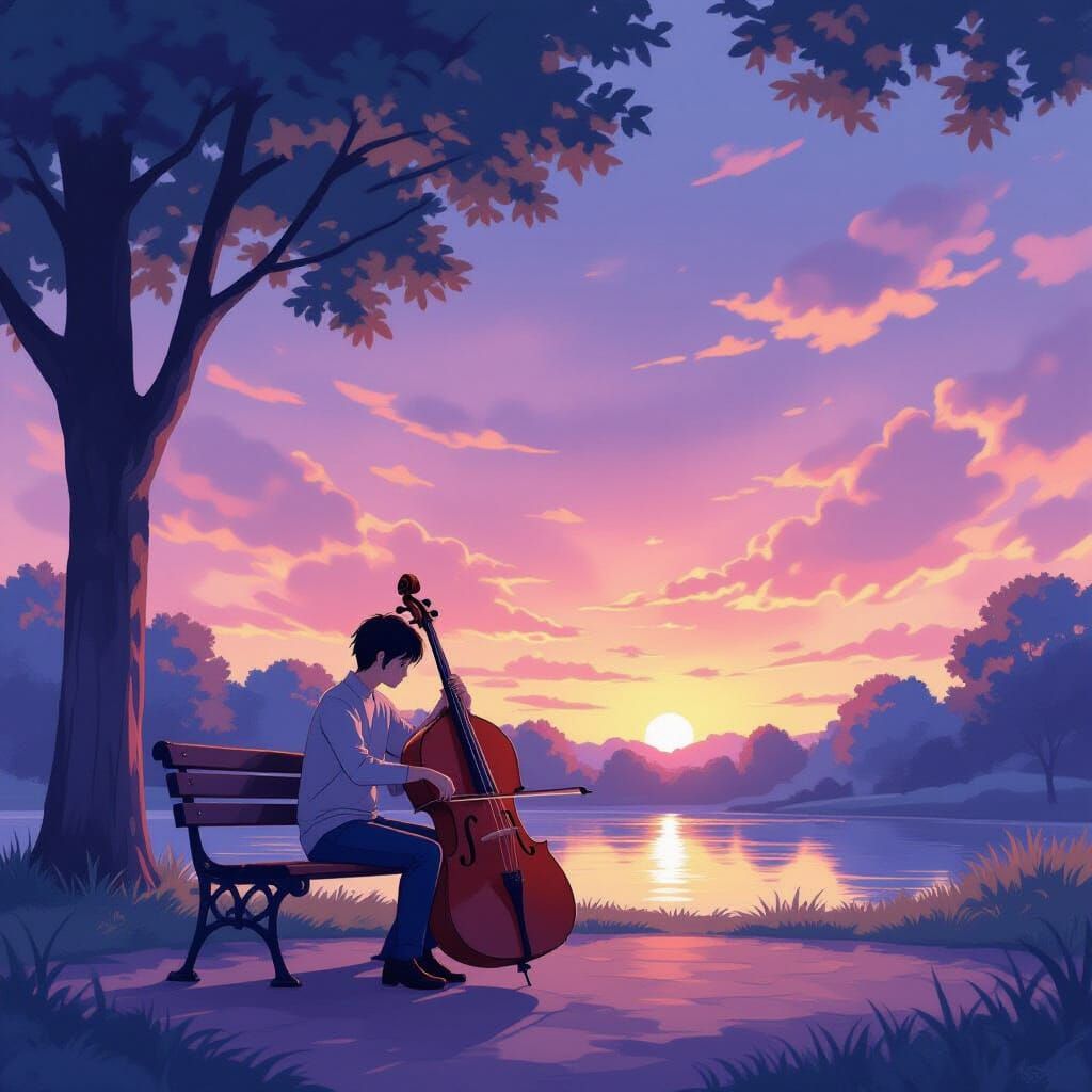 Musician with Cello Under Twilight Sky in Watercolor Anime S...