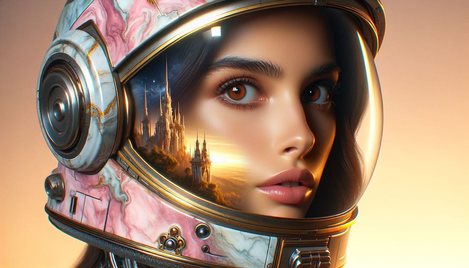 Brunette Girl in Sci-Fi Helmet with Space Castle