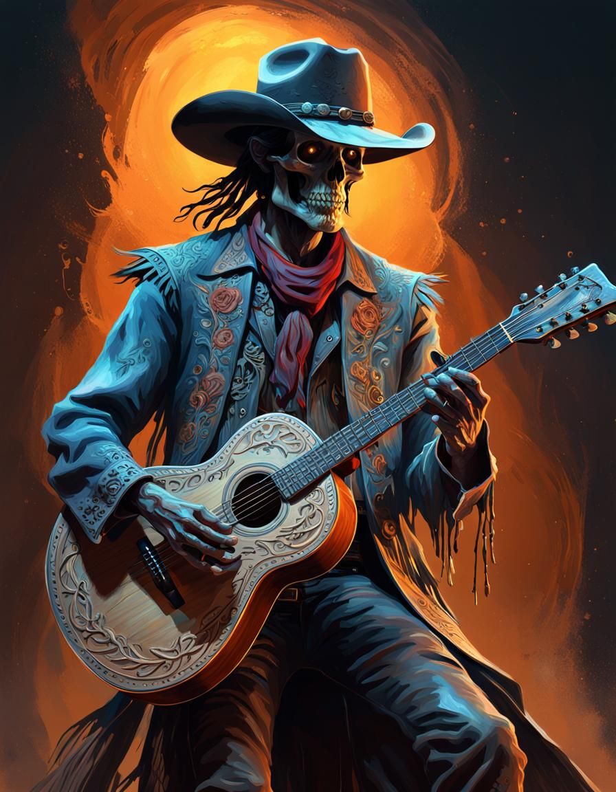 Skeleton Guitarist in Western Duster: Hyperrealistic Splash ...