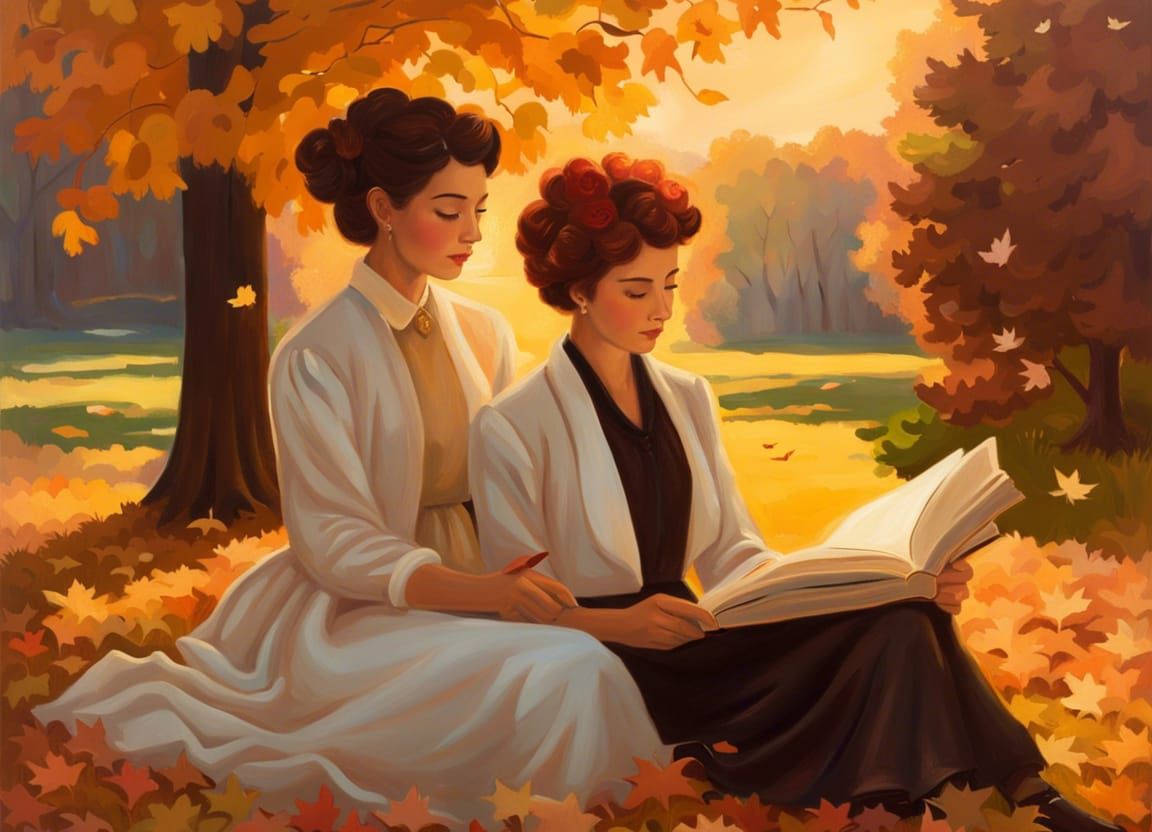 Lesbian Couple Reading in Autumn Park: Fairycore Oil Paintin...