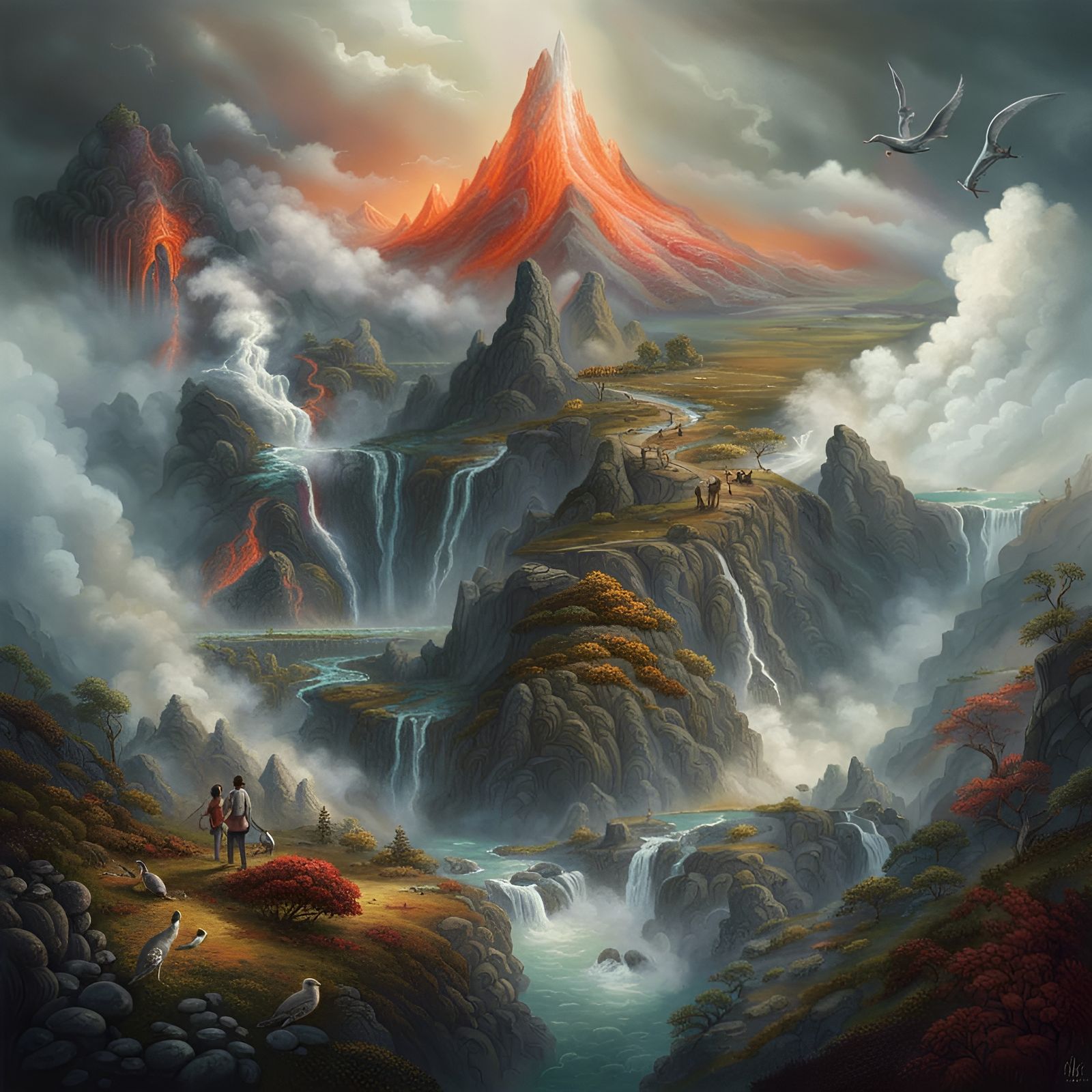 Surreal Landscape with Volcanoes and Dragons