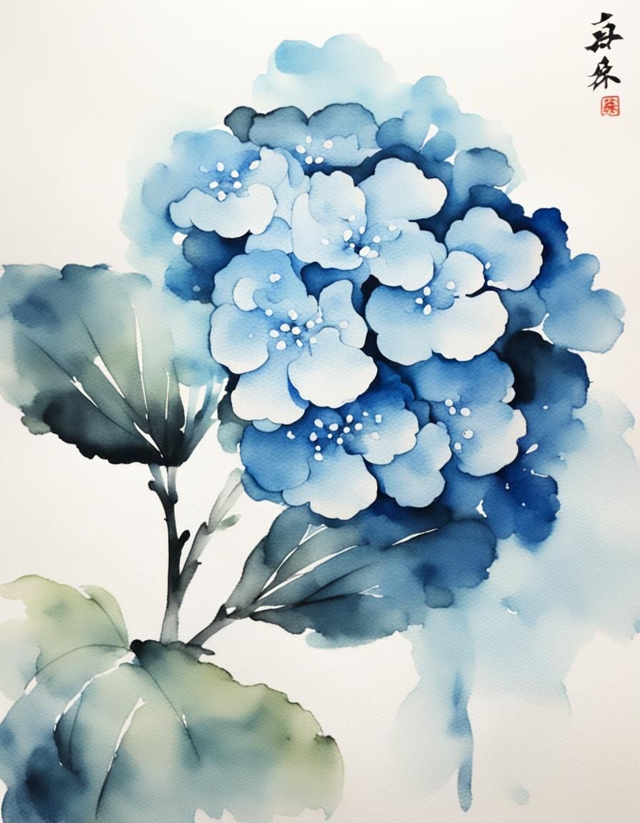 Elegant Blue Hydrangea in Chinese Watercolor Style