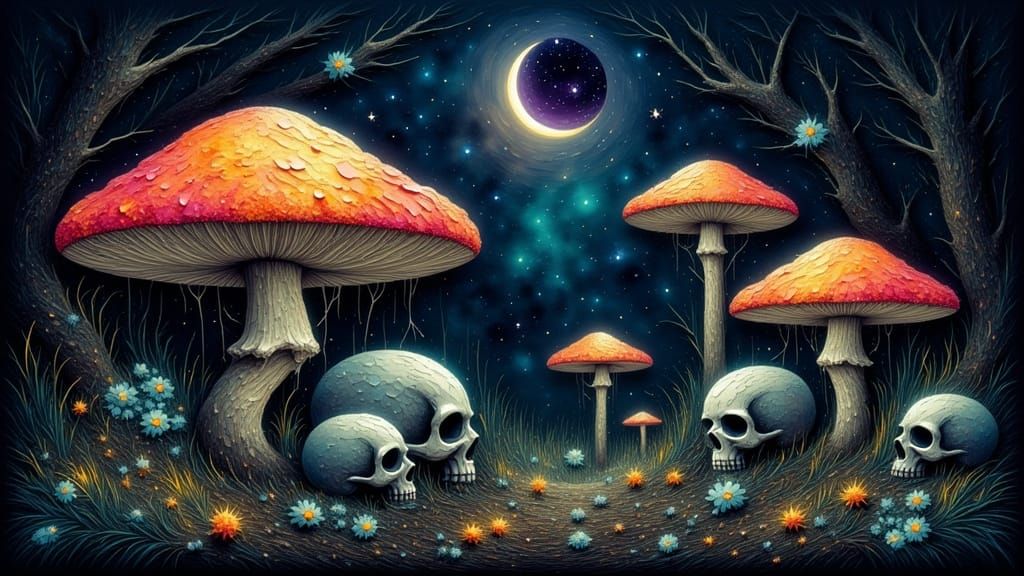 Bioluminescent Mushroom Grove with Skulls in Airbrush Style
