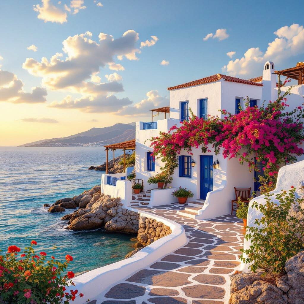 Mykonos Greek House by the Sea in Golden Light