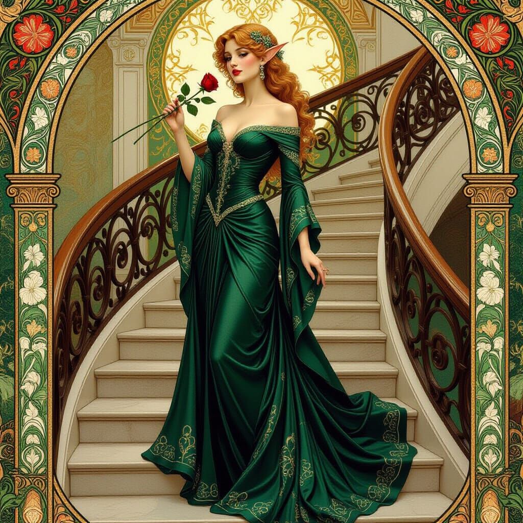 Elegant Elf with Rose in Pre-Raphaelite Style