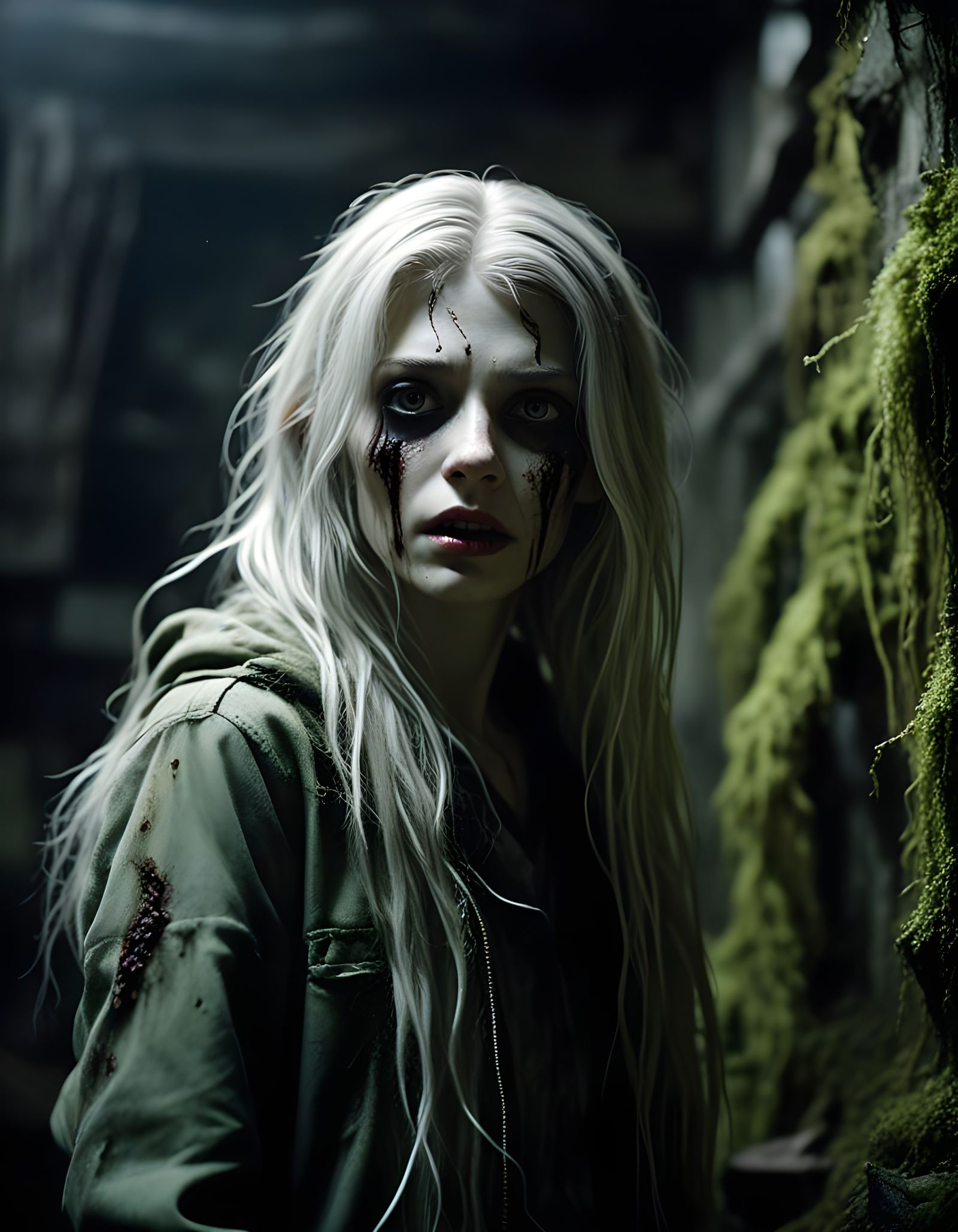 Terrifying Zombie Woman in Mossy Basement