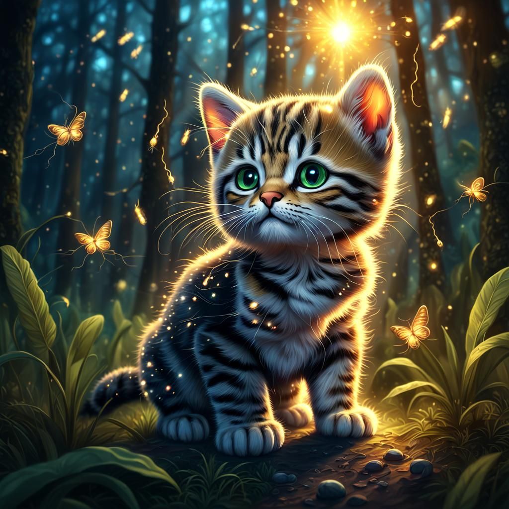Mystical Kitten in Firefly Forest: 8K Digital Art