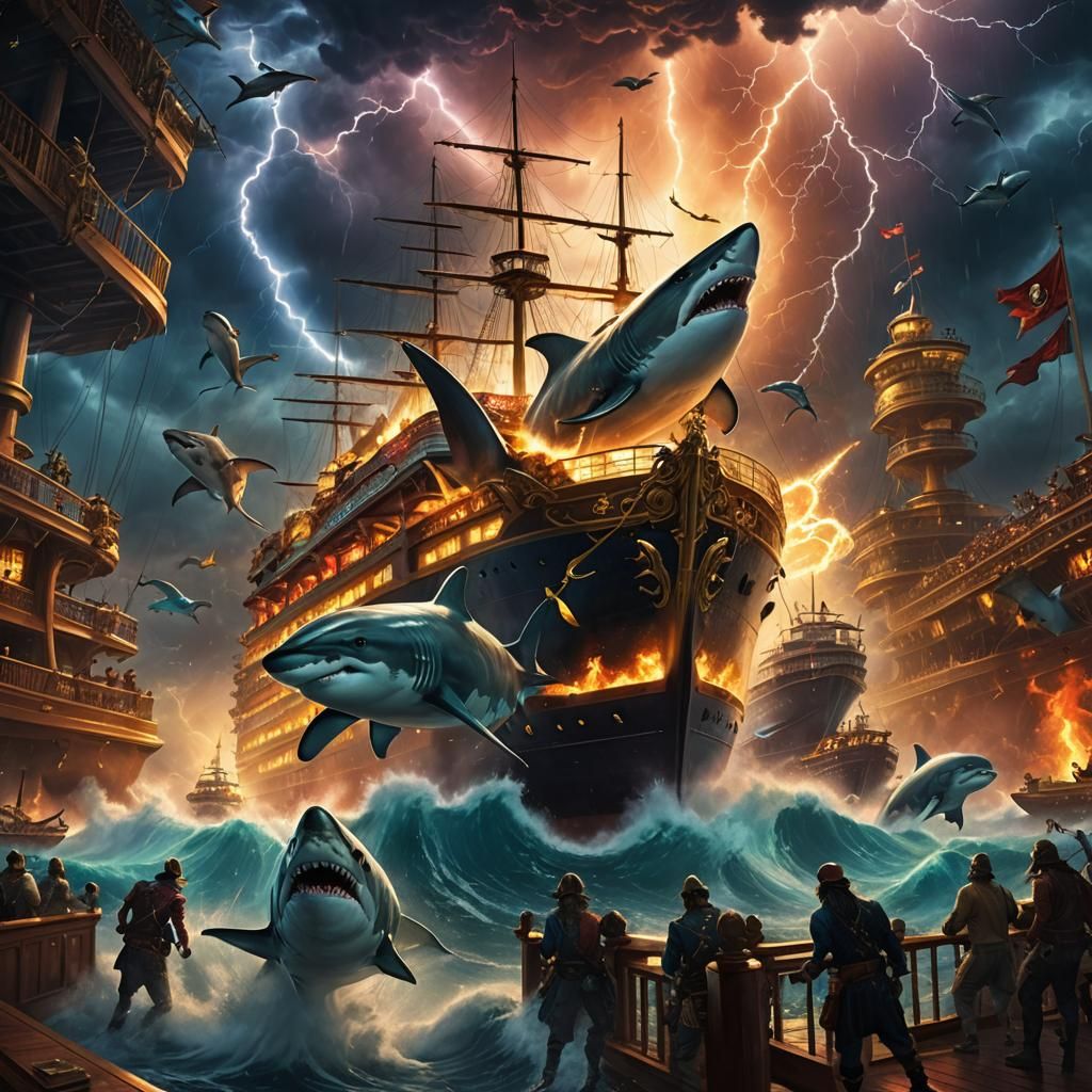 Cruise Ship Rides Lightning Shark: Fantasy Art