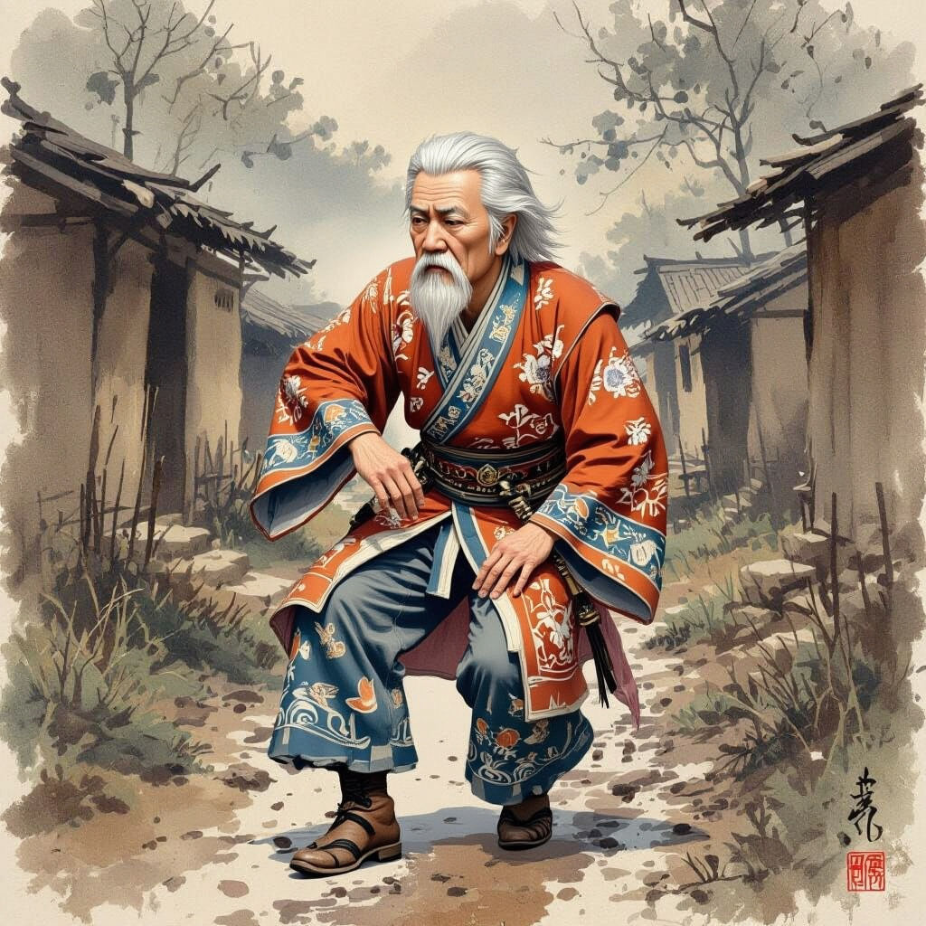 Tipsy Chinese Man with Wine Bottle Near Shanties