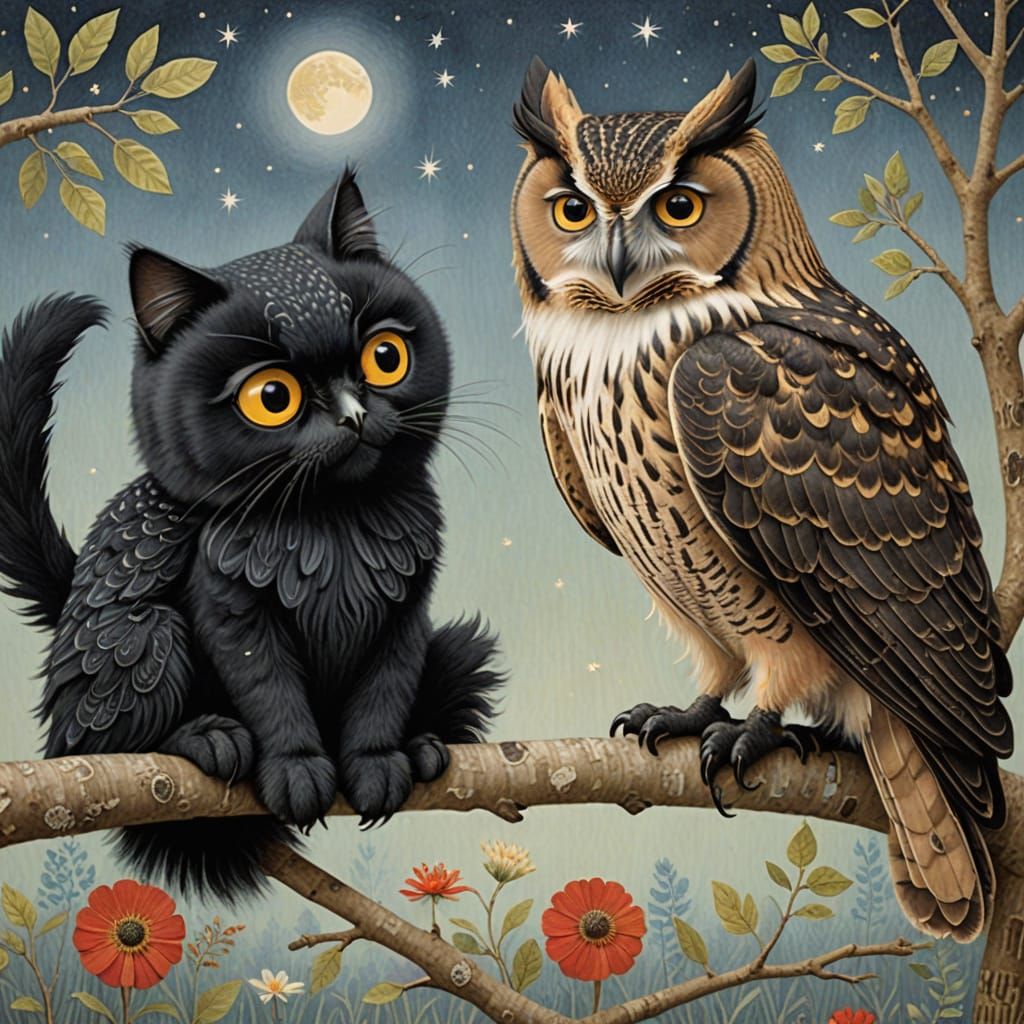 Whimsical Woodland Encounter: Cheeky Cat Meets Wise Owl
