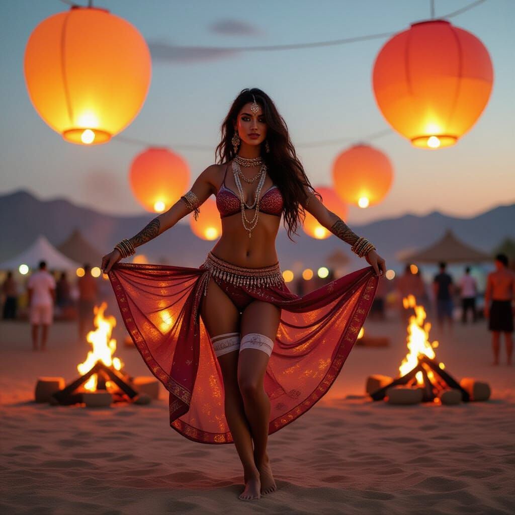 Desert Festival Dancer with Lanterns in Surreal Style