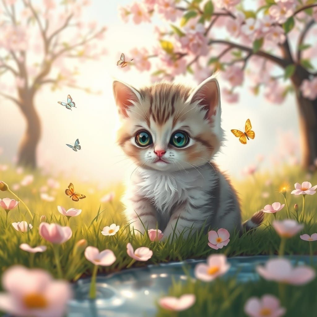 Whimsical Kitten in a Cherry Blossom Wonderland