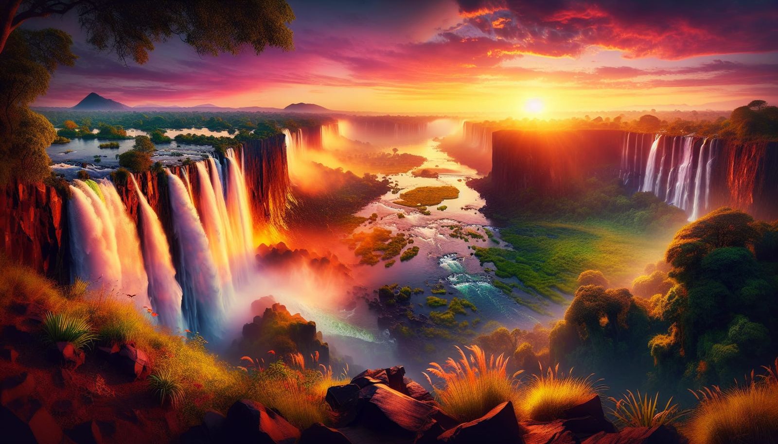 Vivid Victoria Falls Sunset in Hyperrealistic Wildlife Photo...