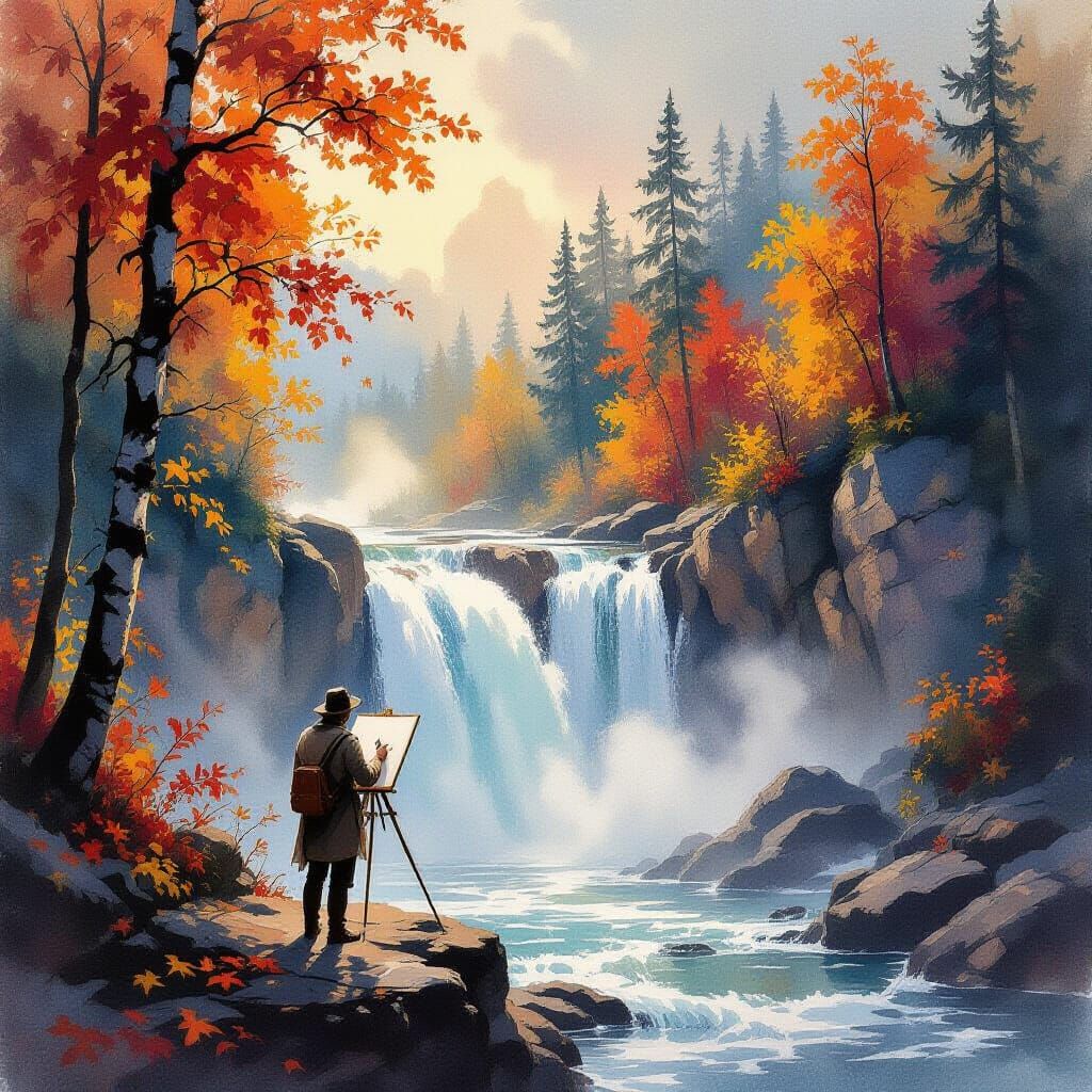 Artist Sketches Autumn Waterfall in Watercolor Style