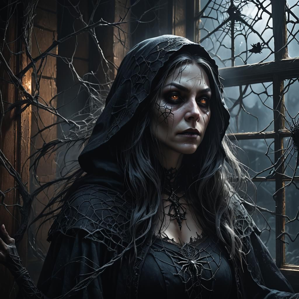 Creepy Witch in Dark Fantasy Mansion