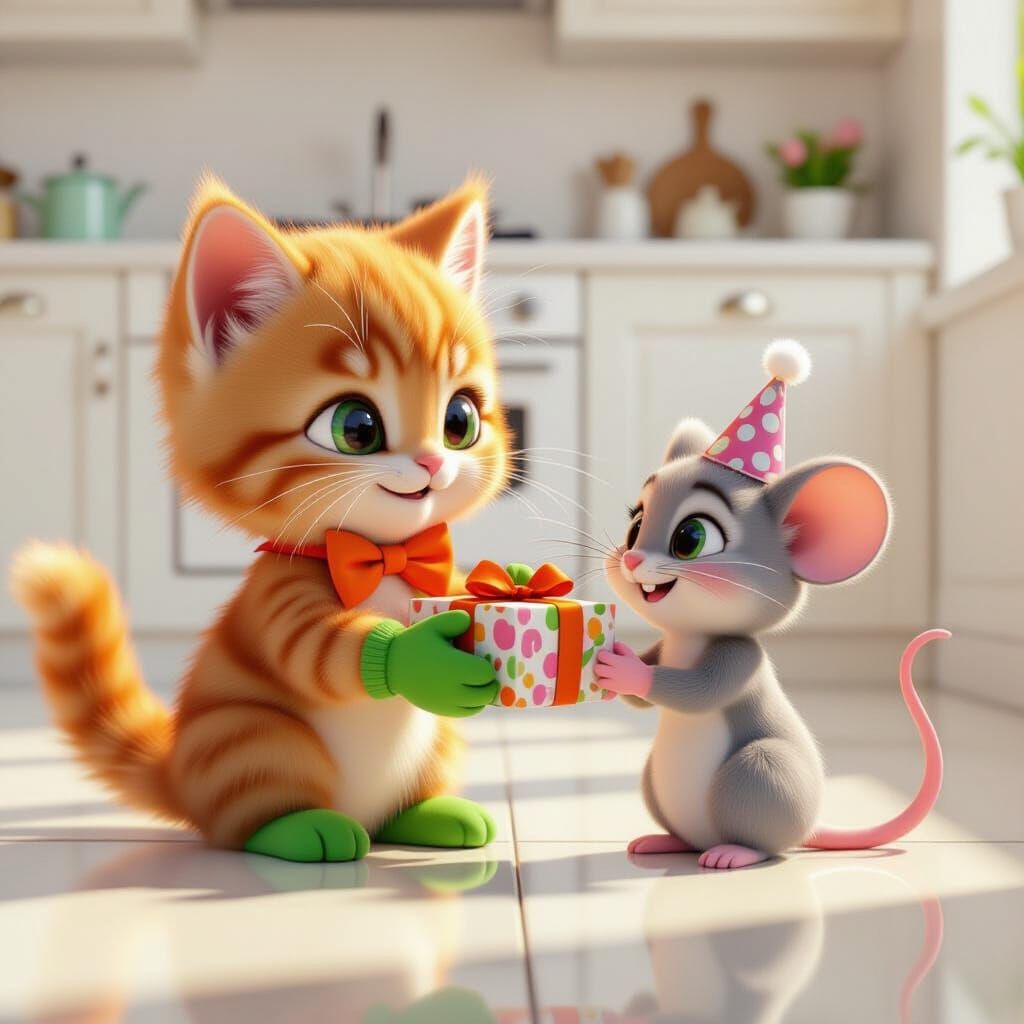 Funny Kitten Gives Gift to Mouse in Pixar Style