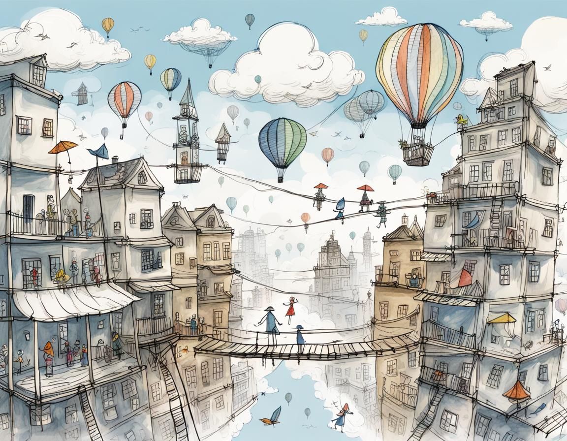 Whimsical Cloud Cityscape in Pen and Ink Style