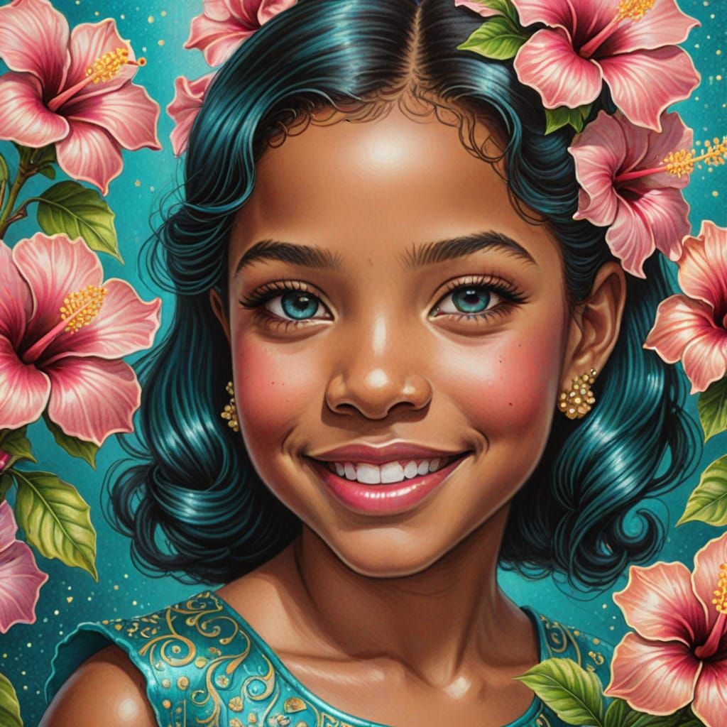 Smiling Girl with Hibiscus Flowers in Colored Pencil