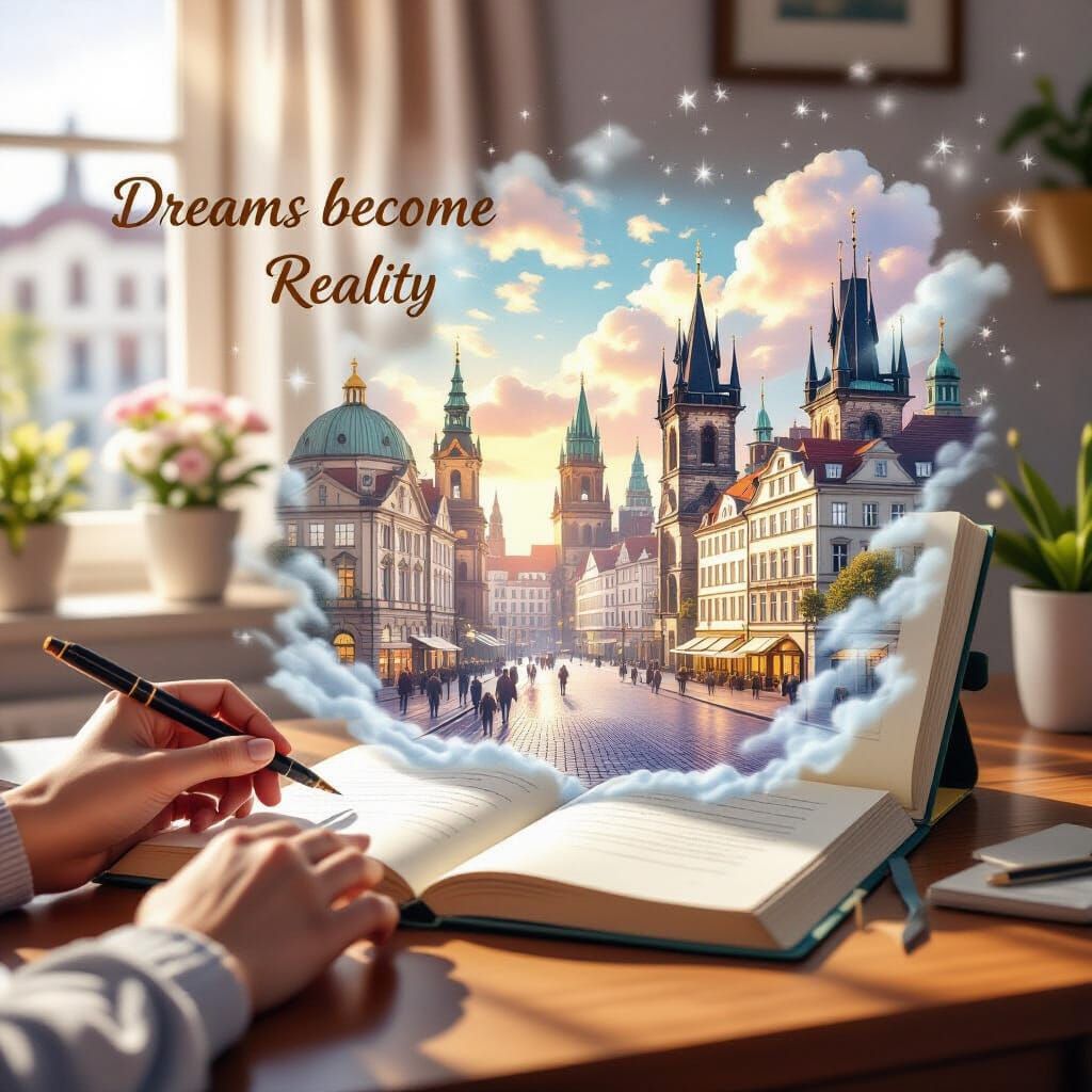 Dream Becomes Reality: Desk with Berlin Emerging from Notebo...