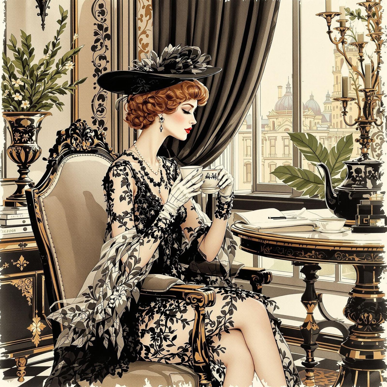 Edwardian Era Aristocrat Sips Tea in Lavish London Apartment