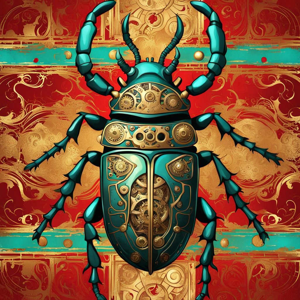 Steampunk Stag Beetle on Red, Turquoise, Gold