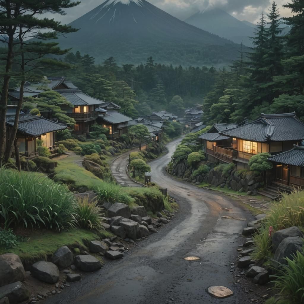 Tranquil Village at Mt. Fuji: Hyperrealistic Digital Paintin...