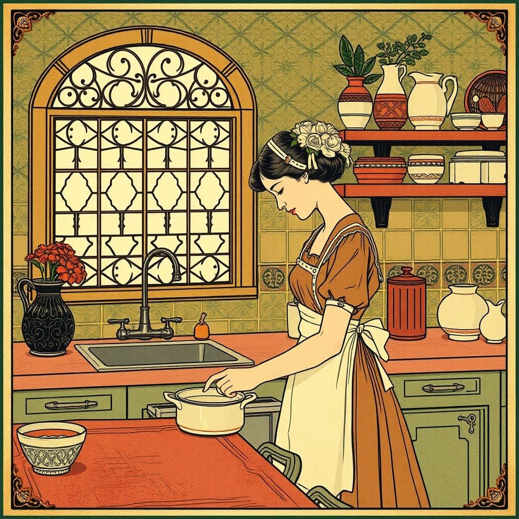 Woman in Retro Art Nouveau Kitchen Illustration