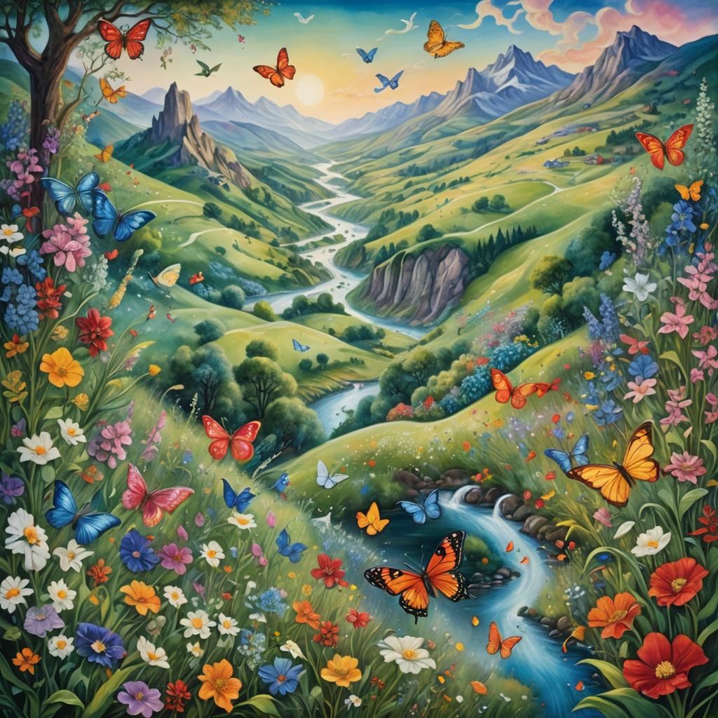 Fantasy Landscape with Butterflies in Surrealist Style