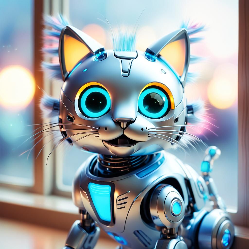 Whimsical Robot Cat Emotes Joy
