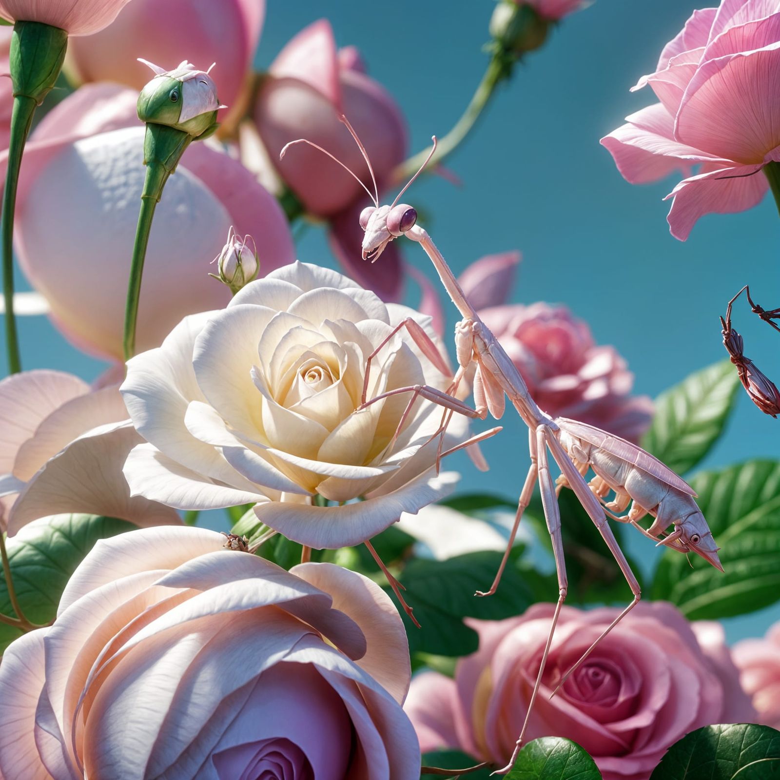 Adorable Pink Mantis with Rose, Pixar Style