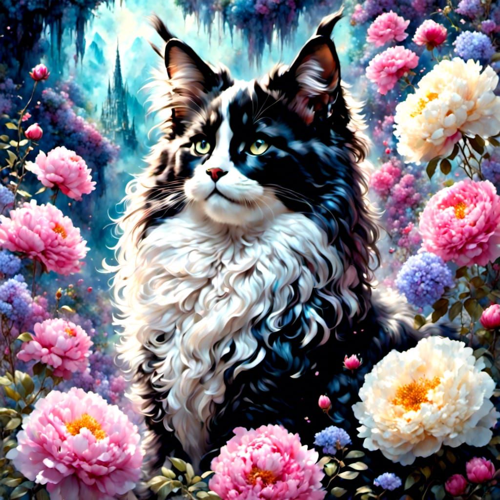 Fluffy Maine Coon Kitten in Pastel Peony Garden