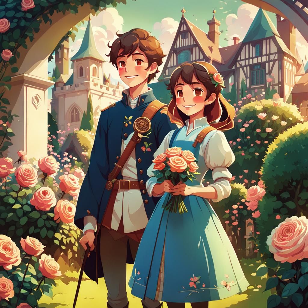 Medieval Boy and Sister in Rose Garden