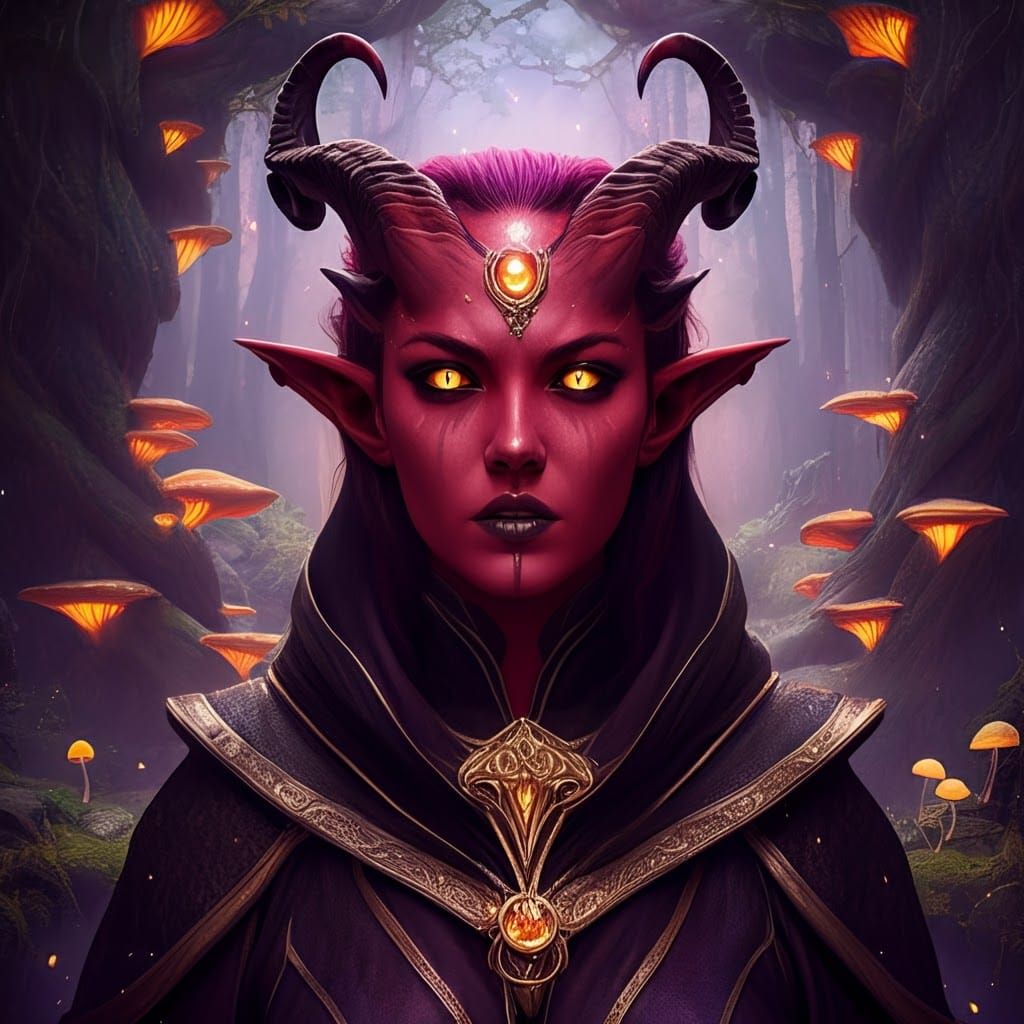 Tiefling in Mystical Forest, Dreamlike Digital Art