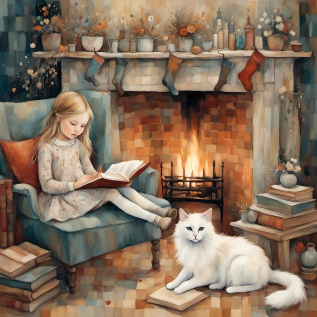 Girl Reading by Fireplace in Folk Art Style