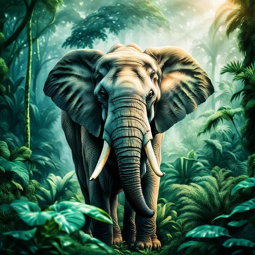 Hyperrealistic Elephant Portrait in Jungle, Wildlife Photogr...