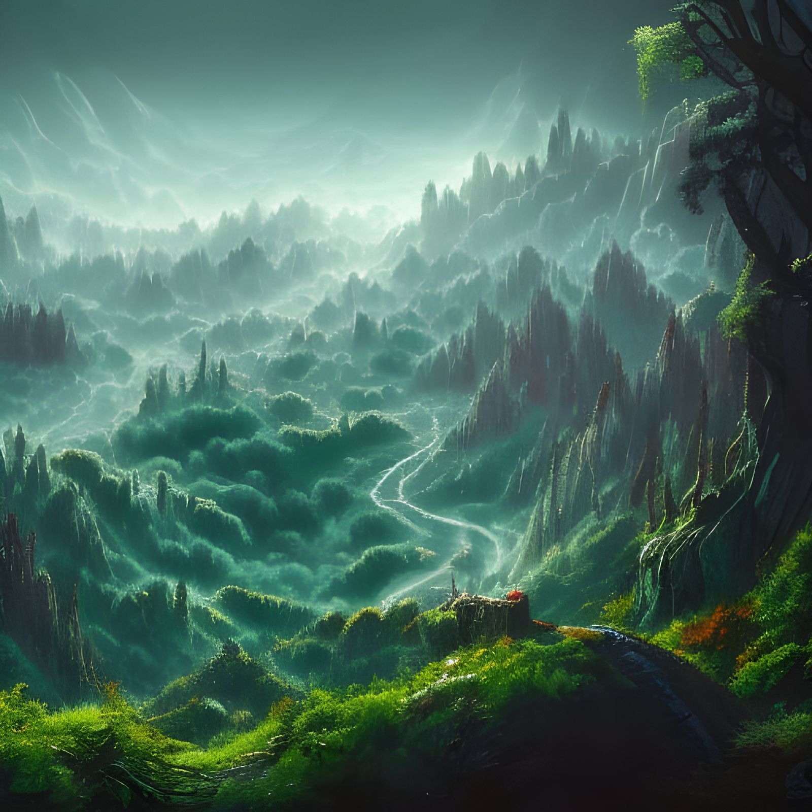 Green Moonlit Webbed Forest Mountainscape in Matte Painting ...