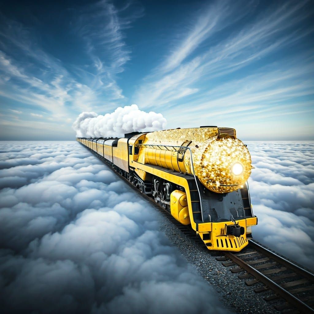 Glittery Yellow Steam Train in Clouds: Fantasy Drone Shot