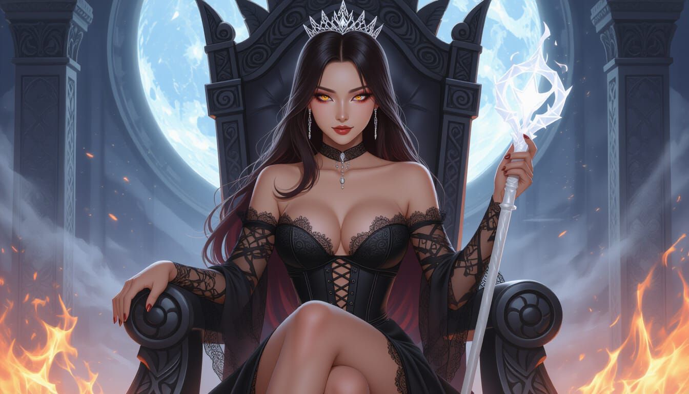 Fiery Red Haired Sorceress on Marble Throne