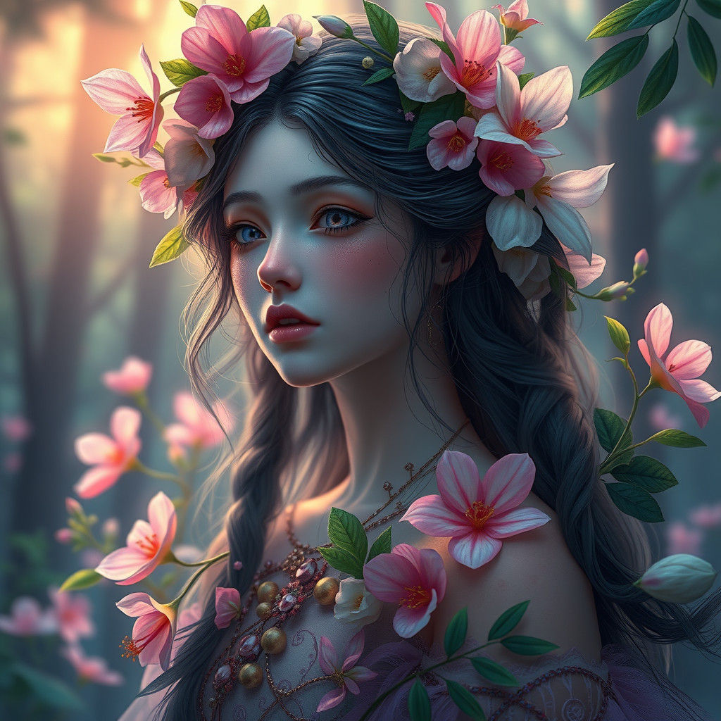 Ethereal Flower Girl in Mystical Forest, Art Nouveau Style