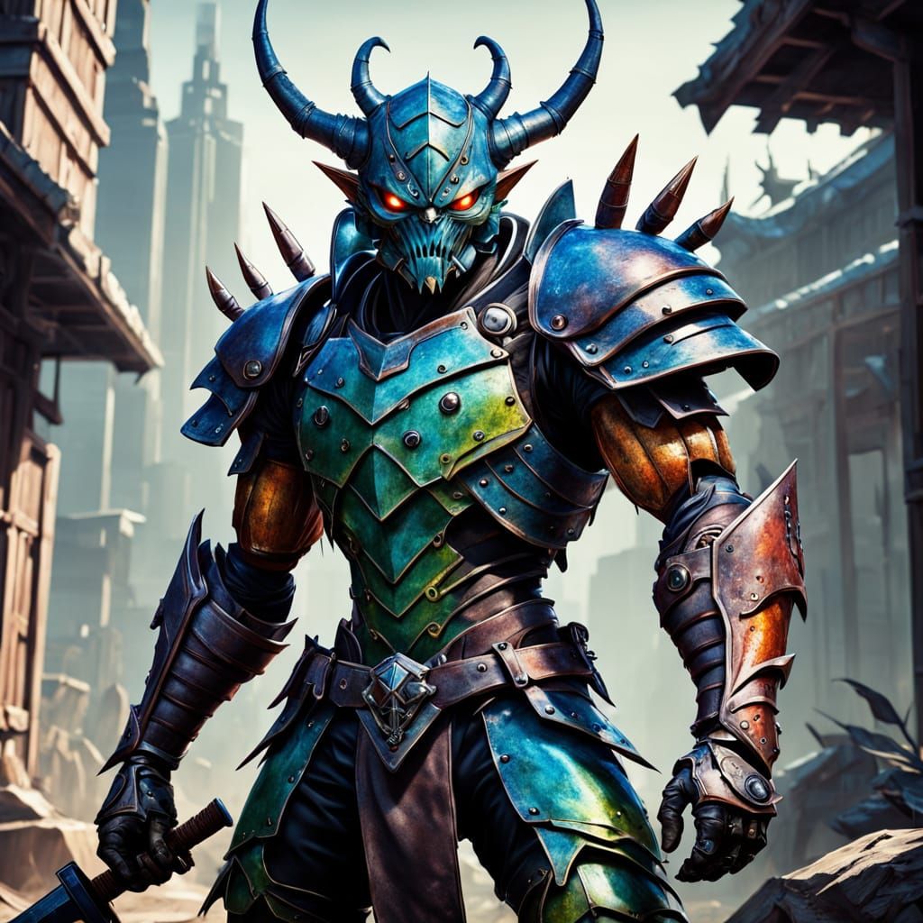 Insectoid Warrior in Vibrant Armor, Anime JRPG Style